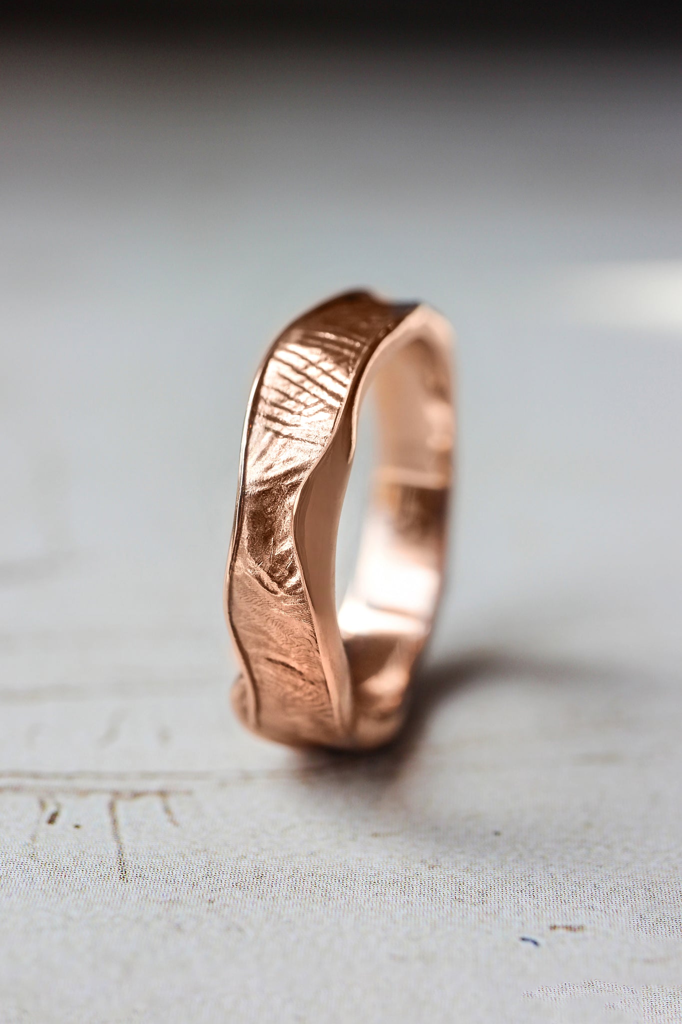 Textured wedding bands set for couple, melted rings with fabric texture - Eden Garden Jewelry™
