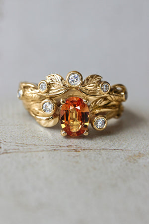 Bridal ring set with orange sapphire and diamonds / Arius - Eden Garden Jewelry™