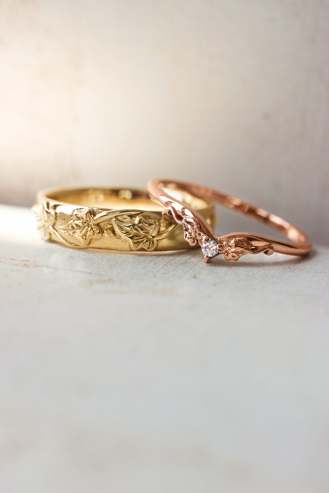 Wedding bands set for couple, ivy leaves rings - Eden Garden Jewelry™