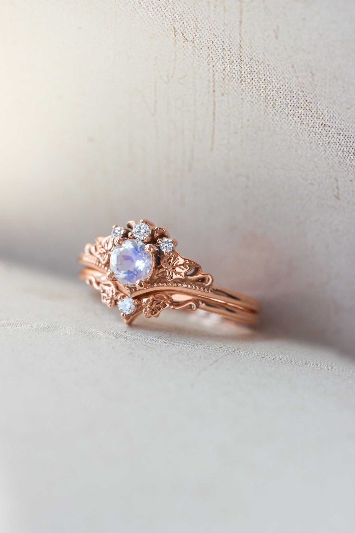 Bridal ring set with moonstone and diamonds / Ariadne - Eden Garden Jewelry™