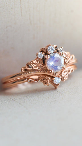 Bridal ring set with moonstone and diamonds / Ariadne - Eden Garden Jewelry™