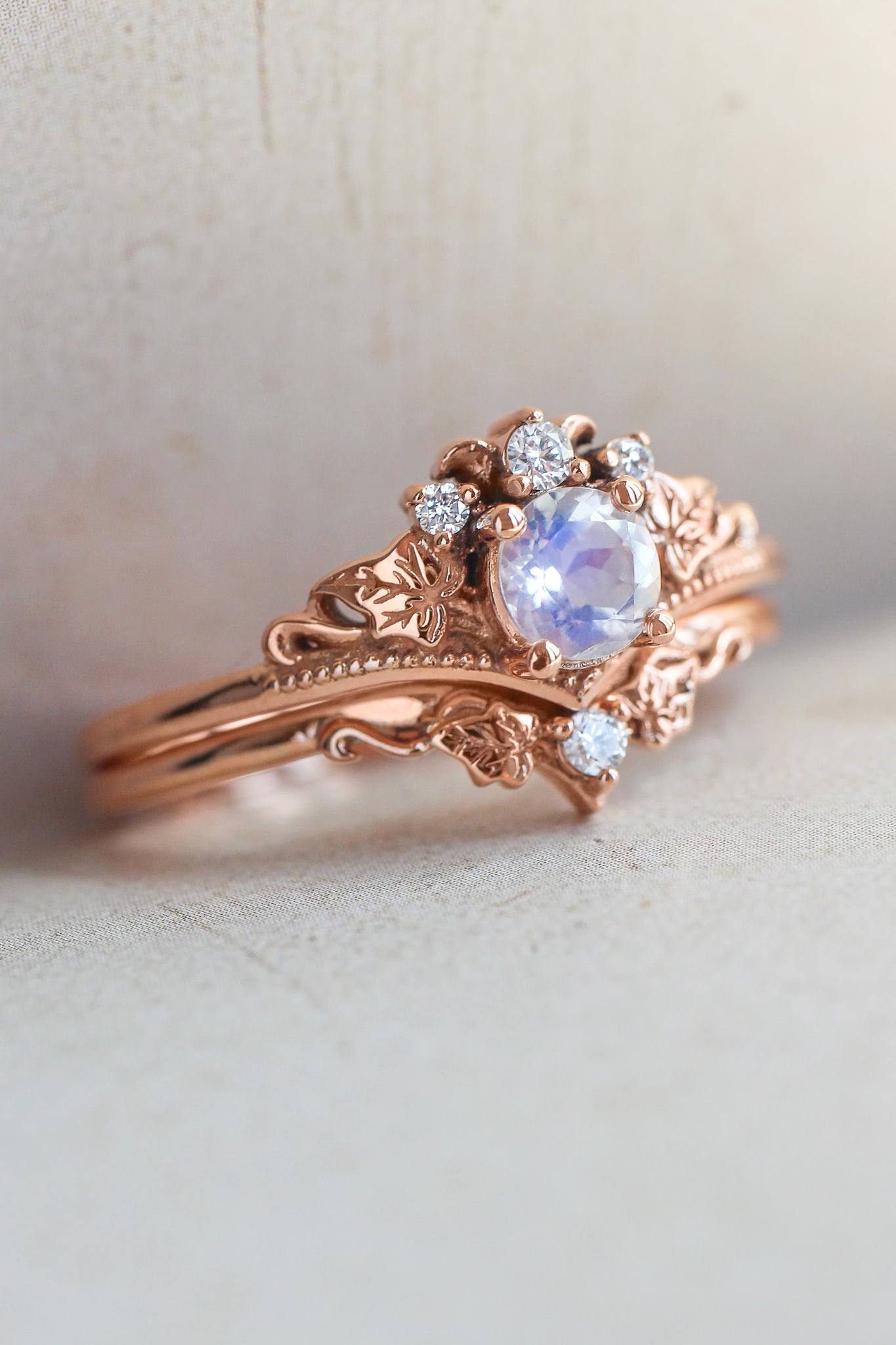 Bridal ring set with moonstone and diamonds / Ariadne - Eden Garden Jewelry™