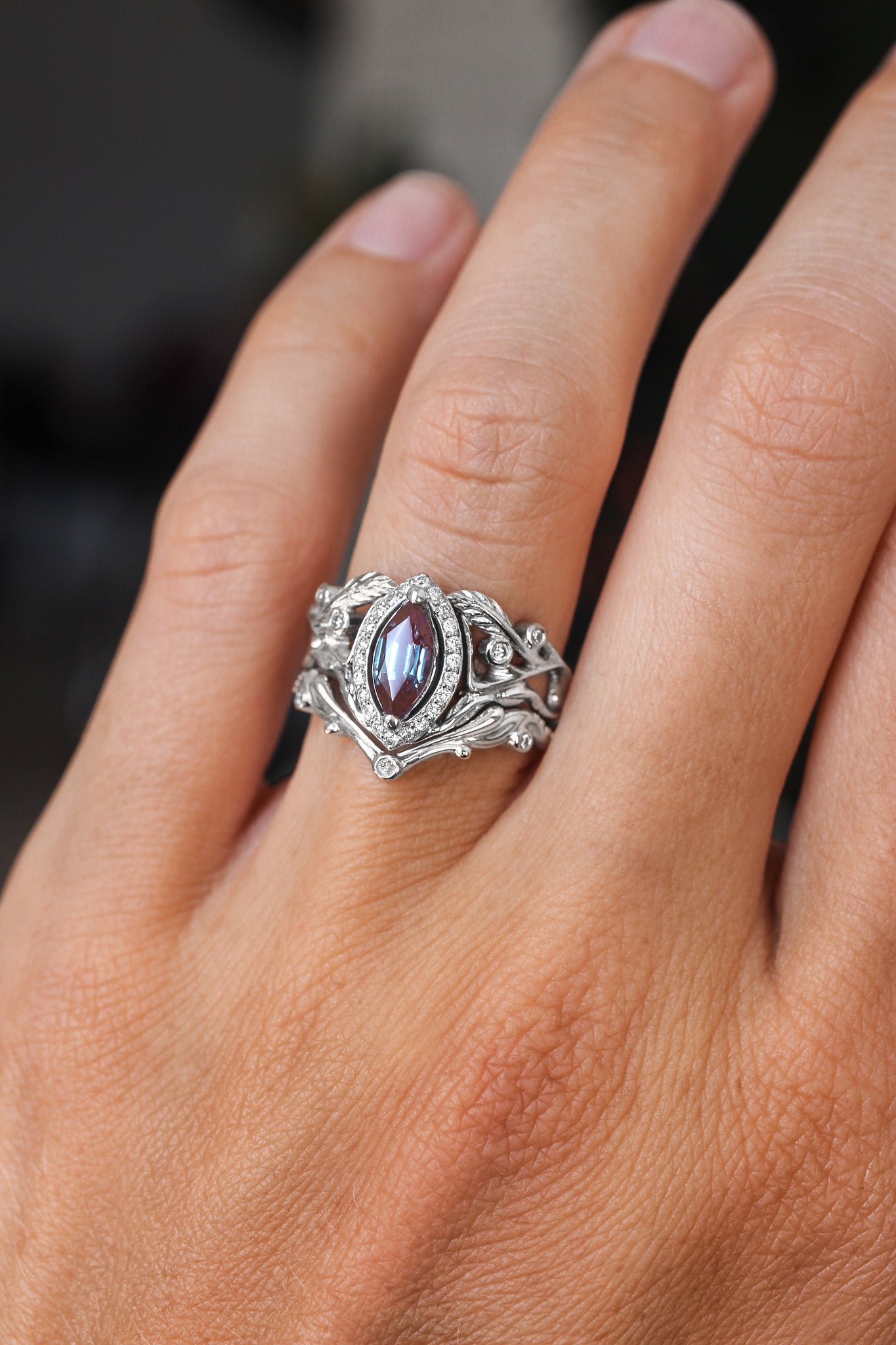 Art nouveau bridal ring set with alexandrite and diamond halo / Callisto - Eden Garden Jewelry™