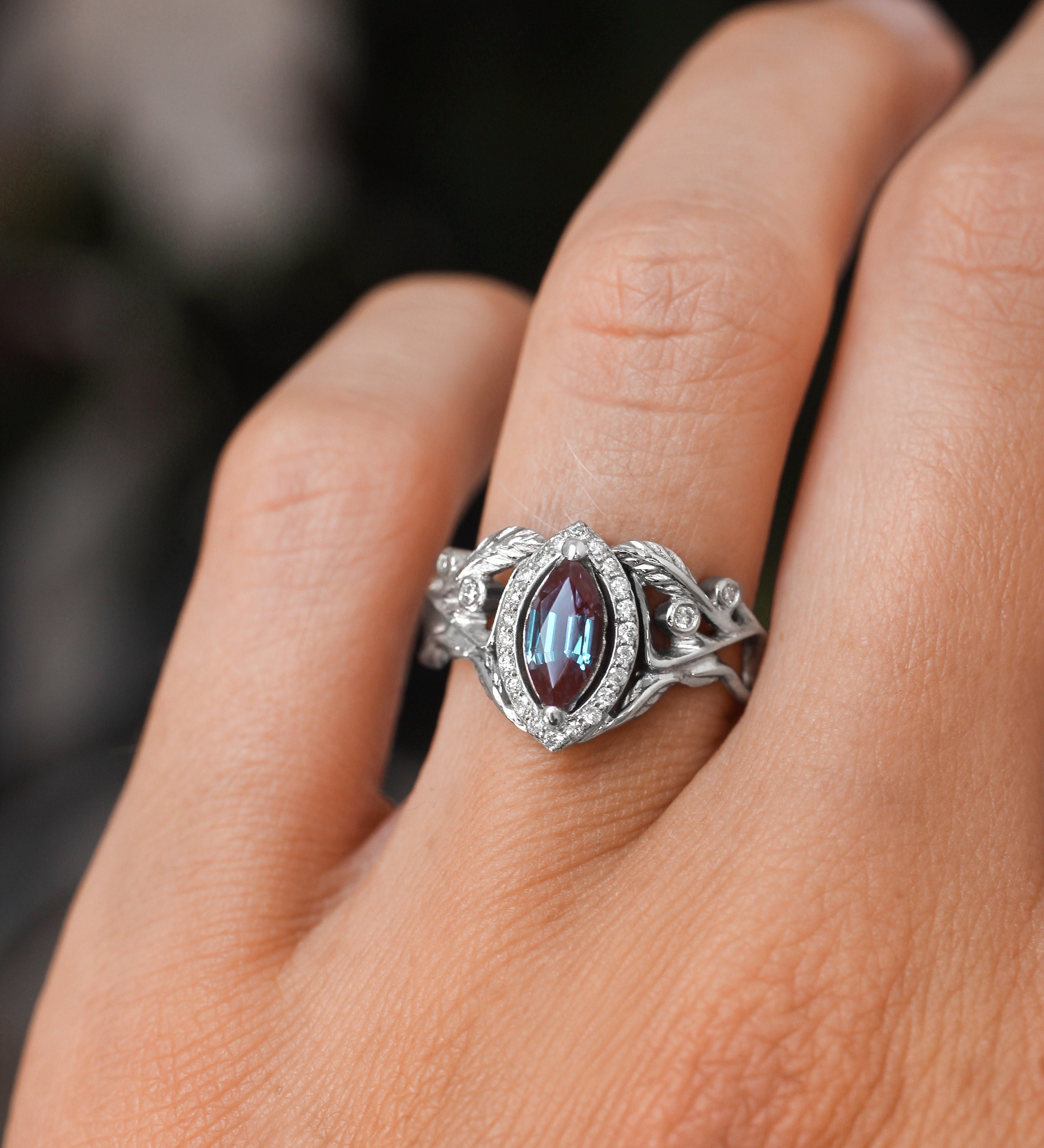 Lab alexandrite marquise ring, diamond halo engagement ring / Callisto - Eden Garden Jewelry™