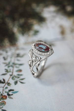 Lab alexandrite marquise ring, diamond halo engagement ring / Callisto - Eden Garden Jewelry™