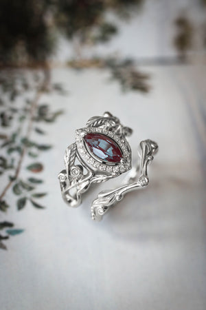 Lab alexandrite marquise ring, diamond halo engagement ring / Callisto - Eden Garden Jewelry™