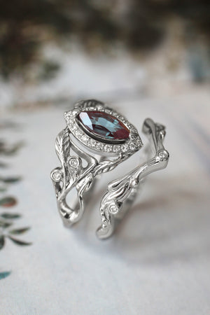 Art nouveau bridal ring set with alexandrite and diamond halo / Callisto - Eden Garden Jewelry™