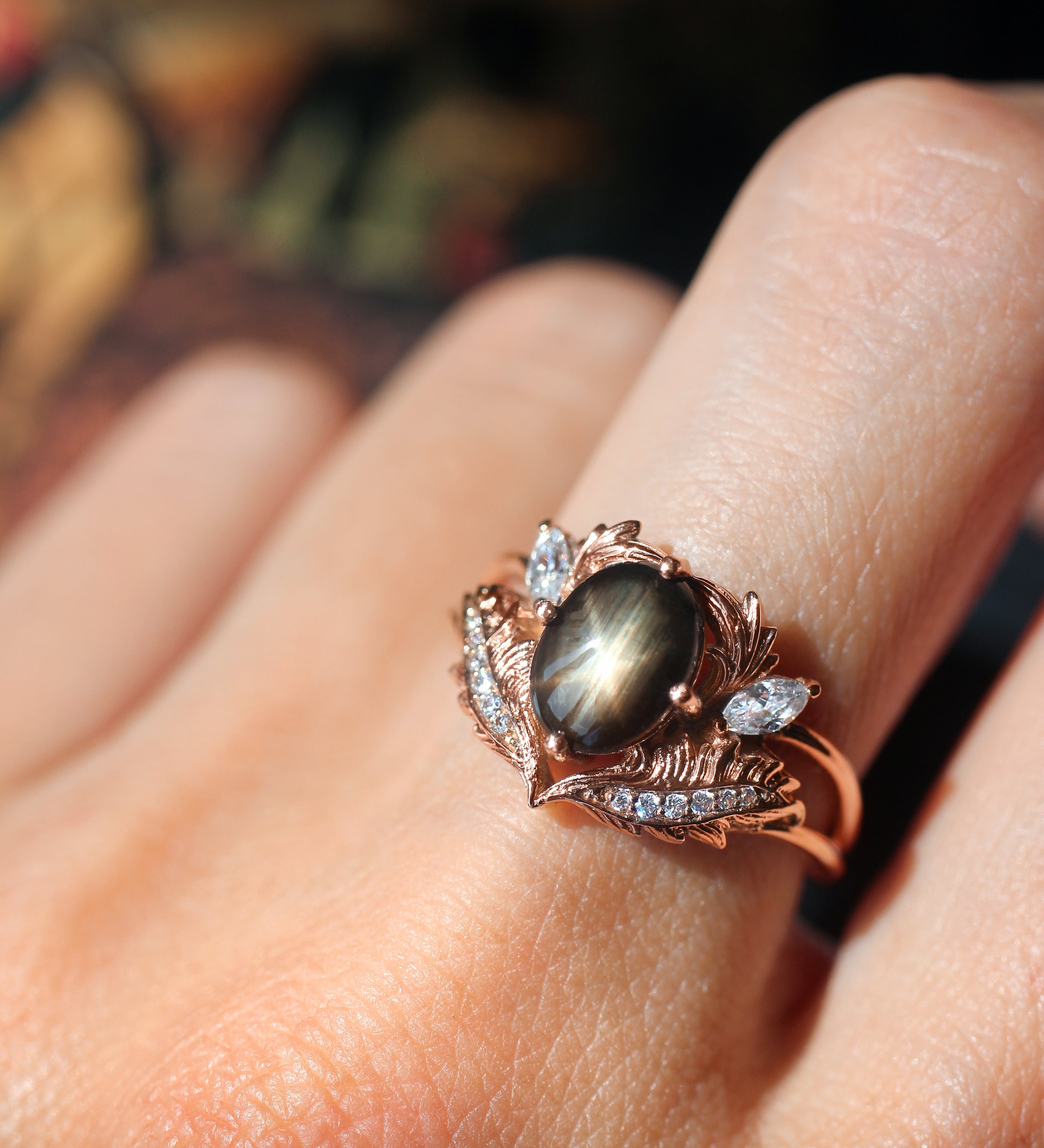Black star sapphire engagement ring with moissanites / Adonis - Eden Garden Jewelry™