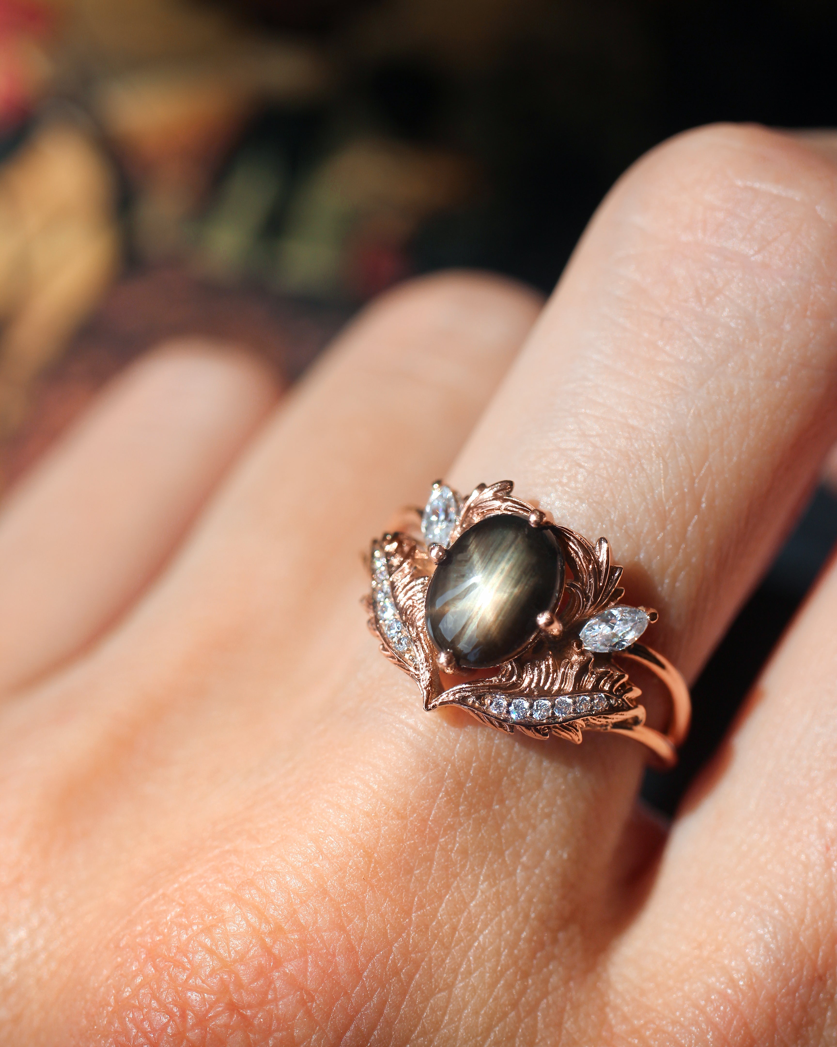Black star sapphire engagement ring with moissanites / Adonis - Eden Garden Jewelry™