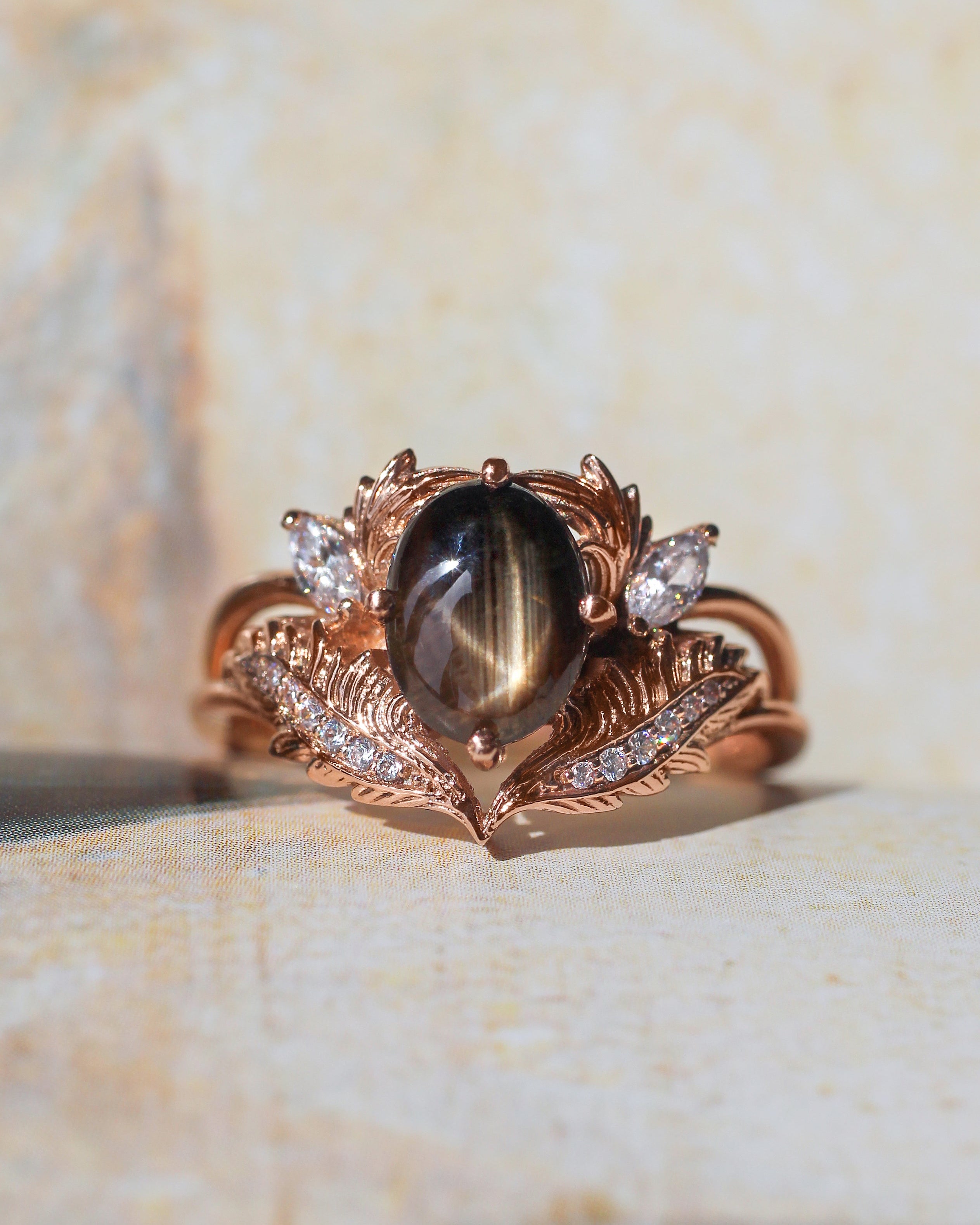 Black star sapphire engagement ring with moissanites / Adonis - Eden Garden Jewelry™