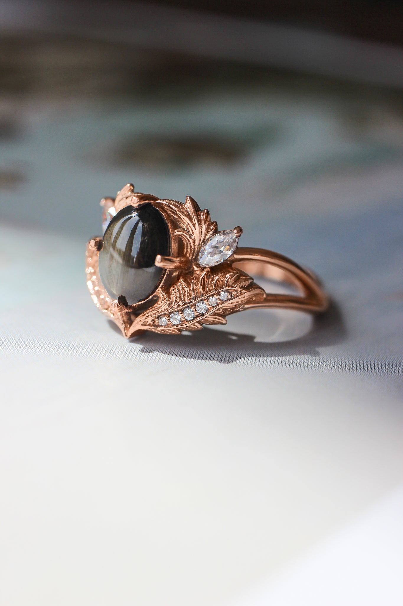 Black star sapphire engagement ring with moissanites / Adonis - Eden Garden Jewelry™