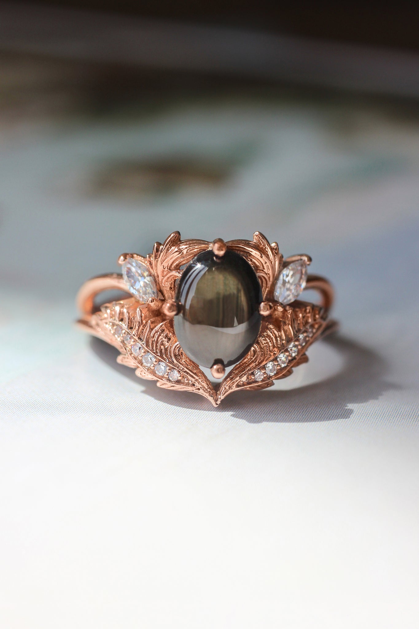 Black star sapphire engagement ring with moissanites / Adonis - Eden Garden Jewelry™