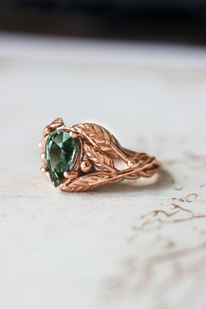 Green tourmaline leaves ring, pear cut engagement ring / Viola - Eden Garden Jewelry™