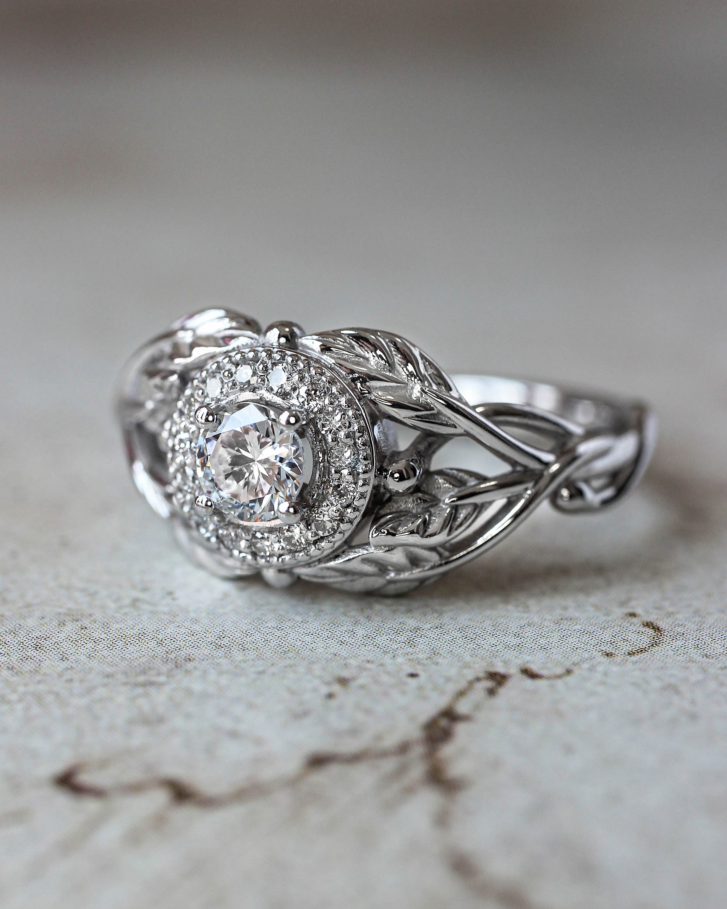 Leaf engagement ring with natural diamonds / Tilia halo - Eden Garden Jewelry™
