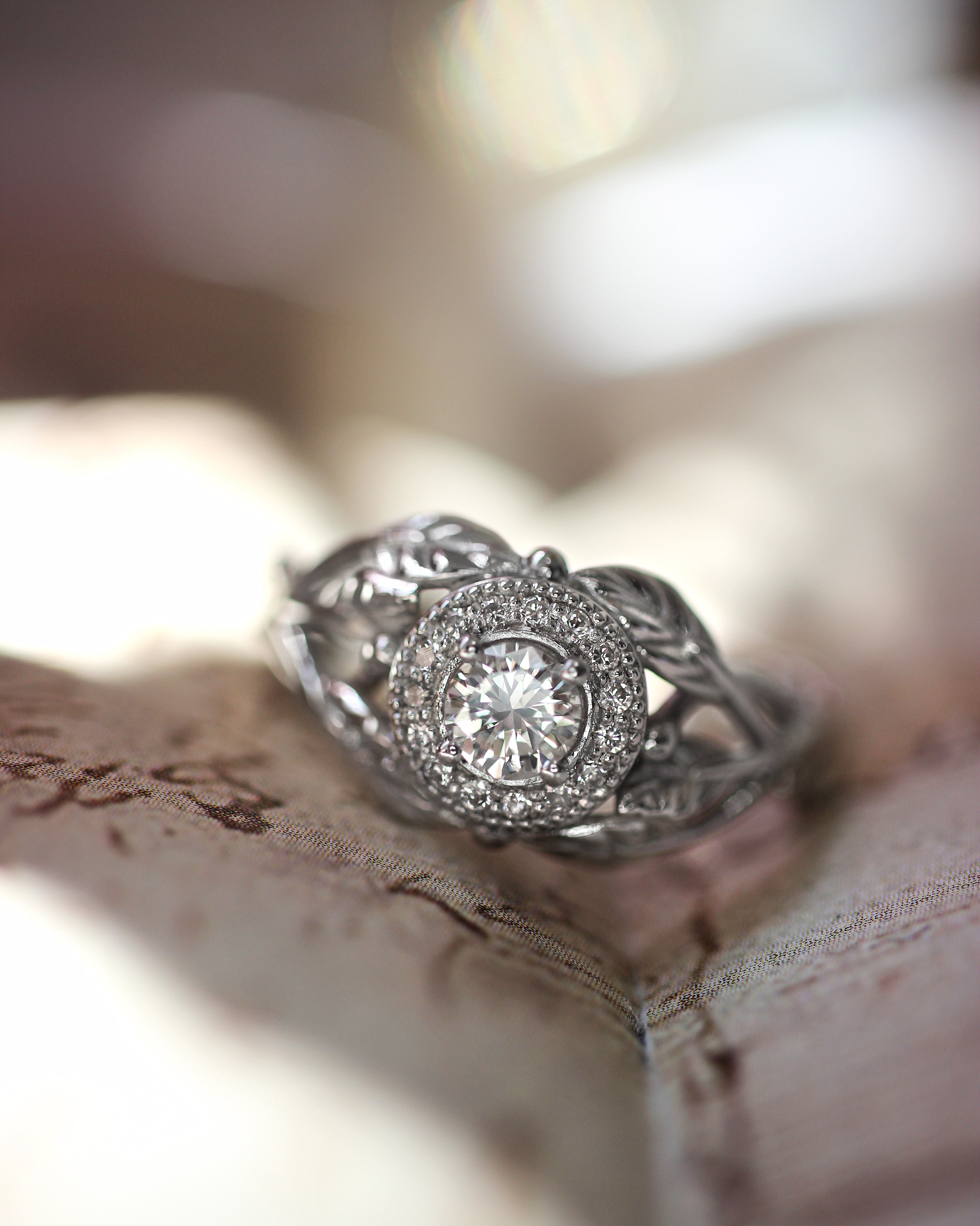 Leaf engagement ring with natural diamonds / Tilia halo - Eden Garden Jewelry™