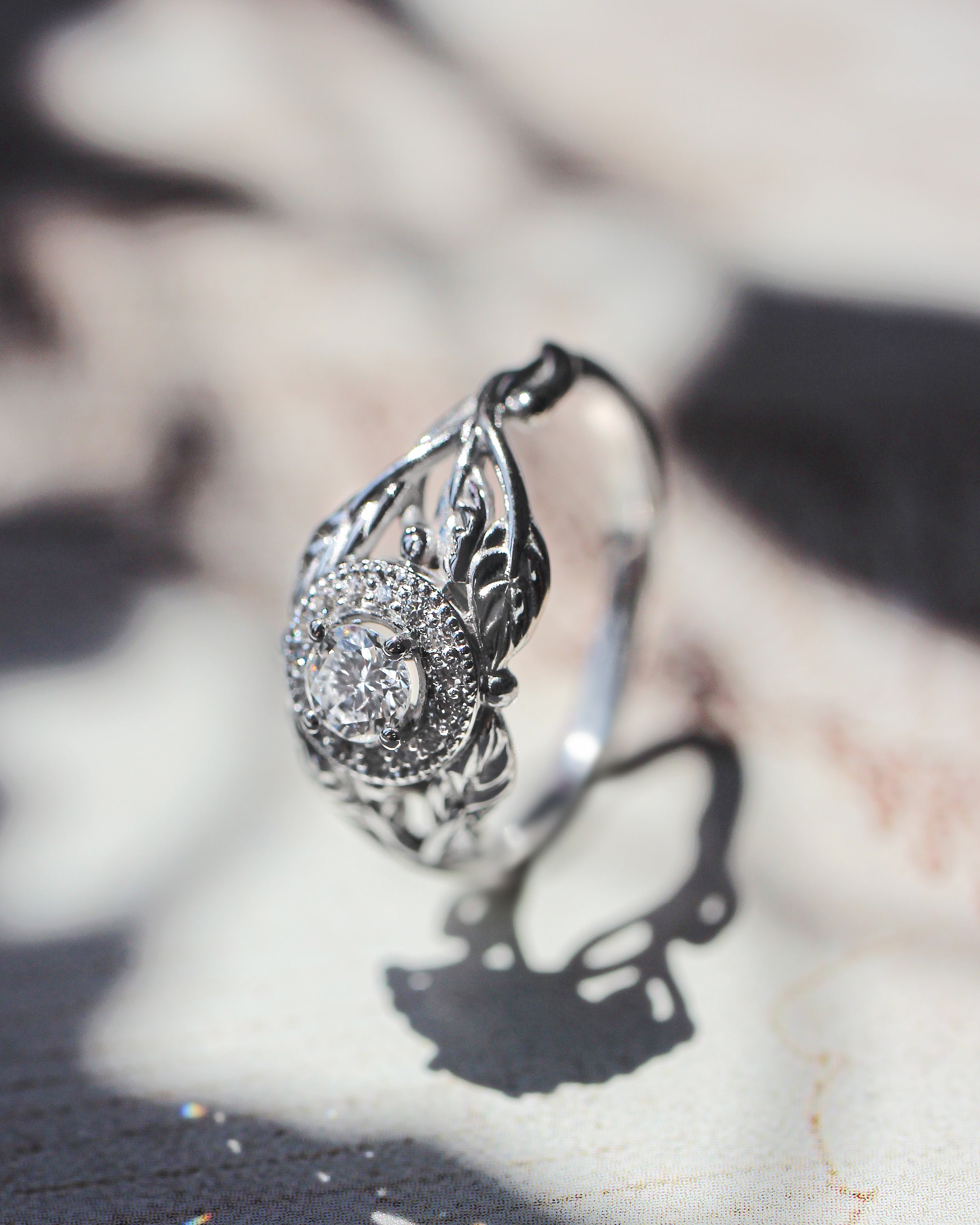 Leaf engagement ring with natural diamonds / Tilia halo - Eden Garden Jewelry™