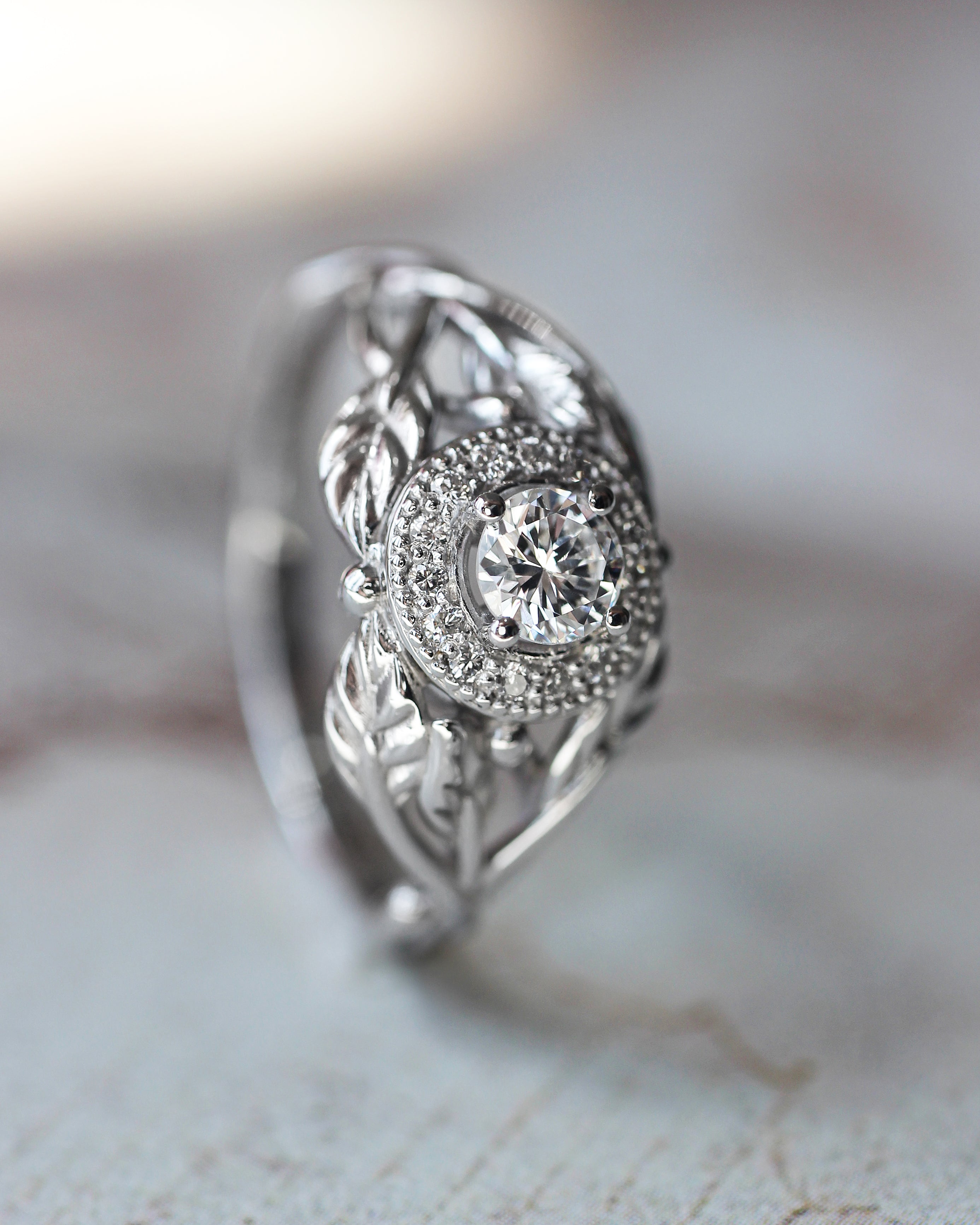 Leaf engagement ring with natural diamonds / Tilia halo - Eden Garden Jewelry™