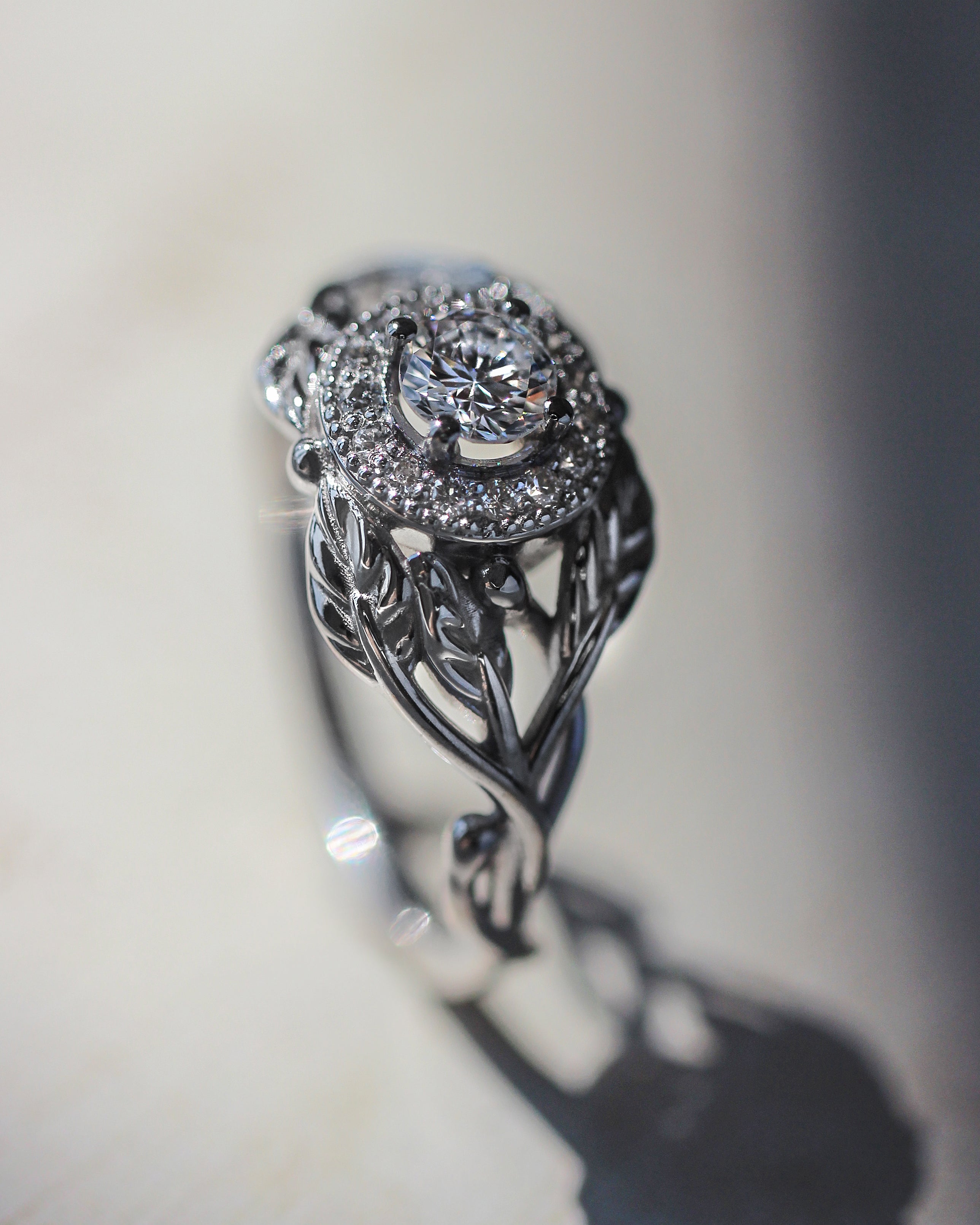 Leaf engagement ring with natural diamonds / Tilia halo - Eden Garden Jewelry™