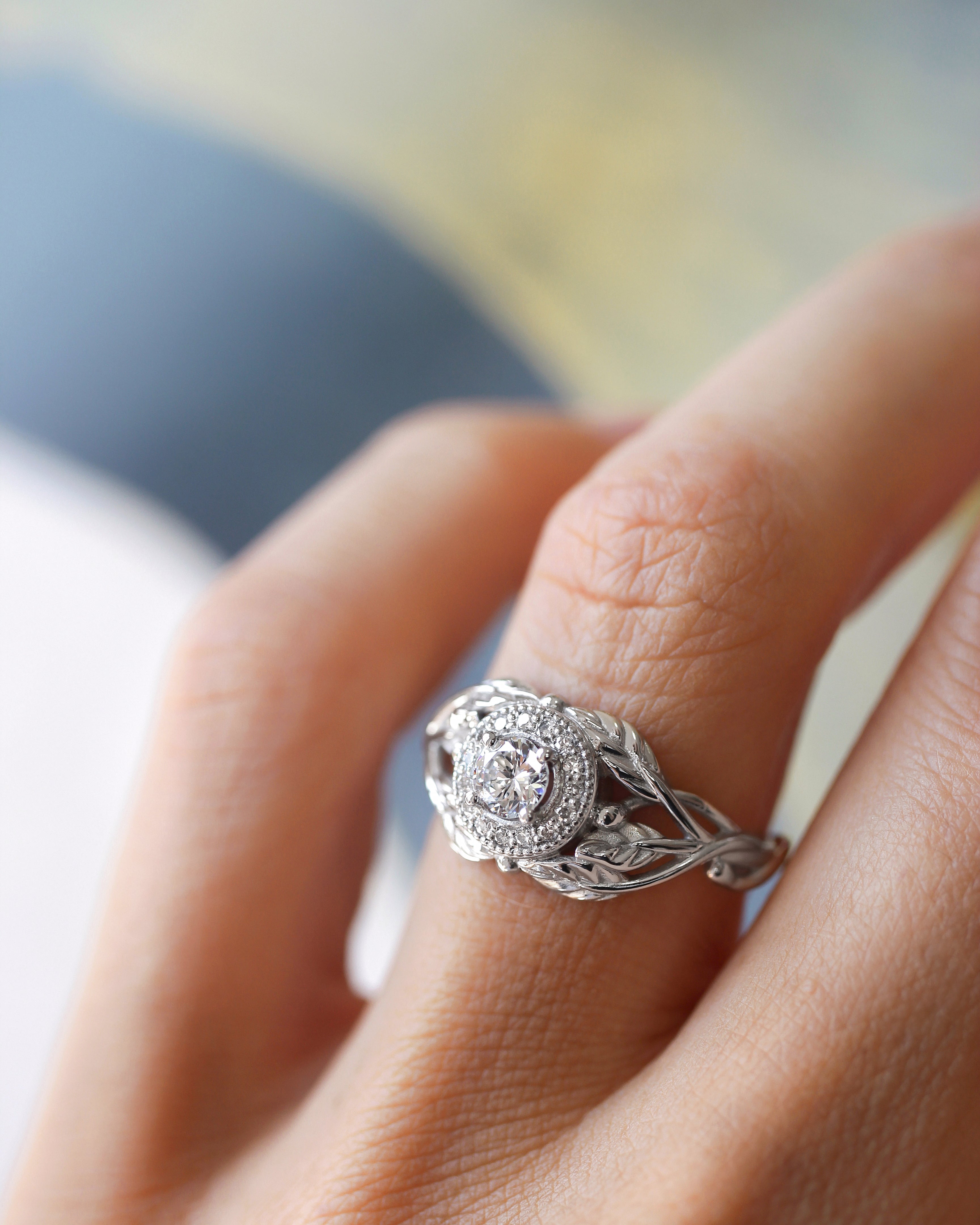 Leaf engagement ring with natural diamonds / Tilia halo - Eden Garden Jewelry™
