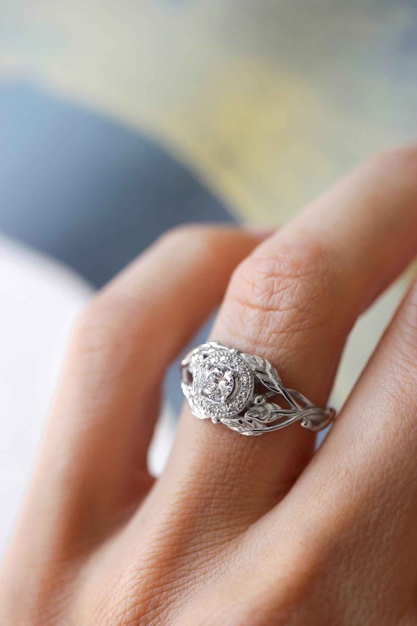 Leaf engagement ring with natural diamonds / Tilia halo - Eden Garden Jewelry™