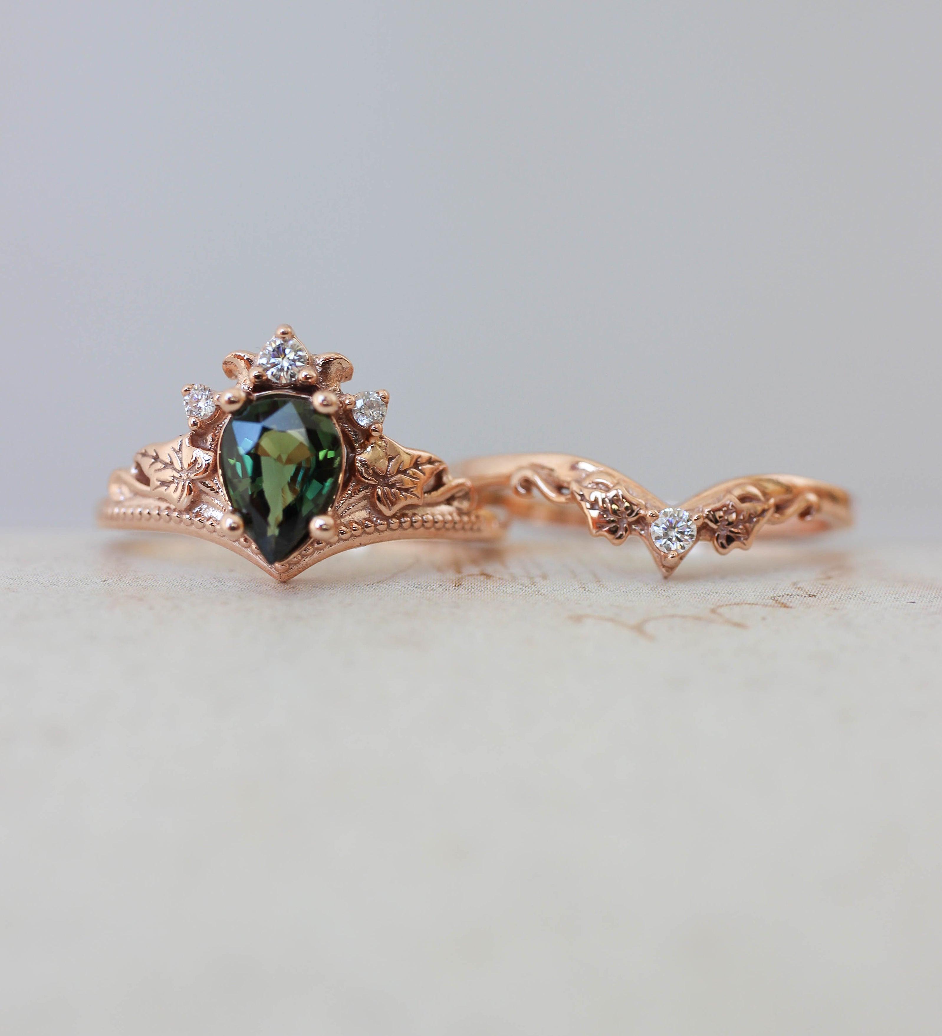 Green sapphire engagement ring set, tiara ring with diamonds / Ariadne - Eden Garden Jewelry™
