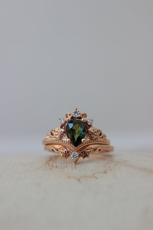 Sapphire bridal ring set, forest green sapphire engagement ring set / Ariadne - Eden Garden Jewelry™