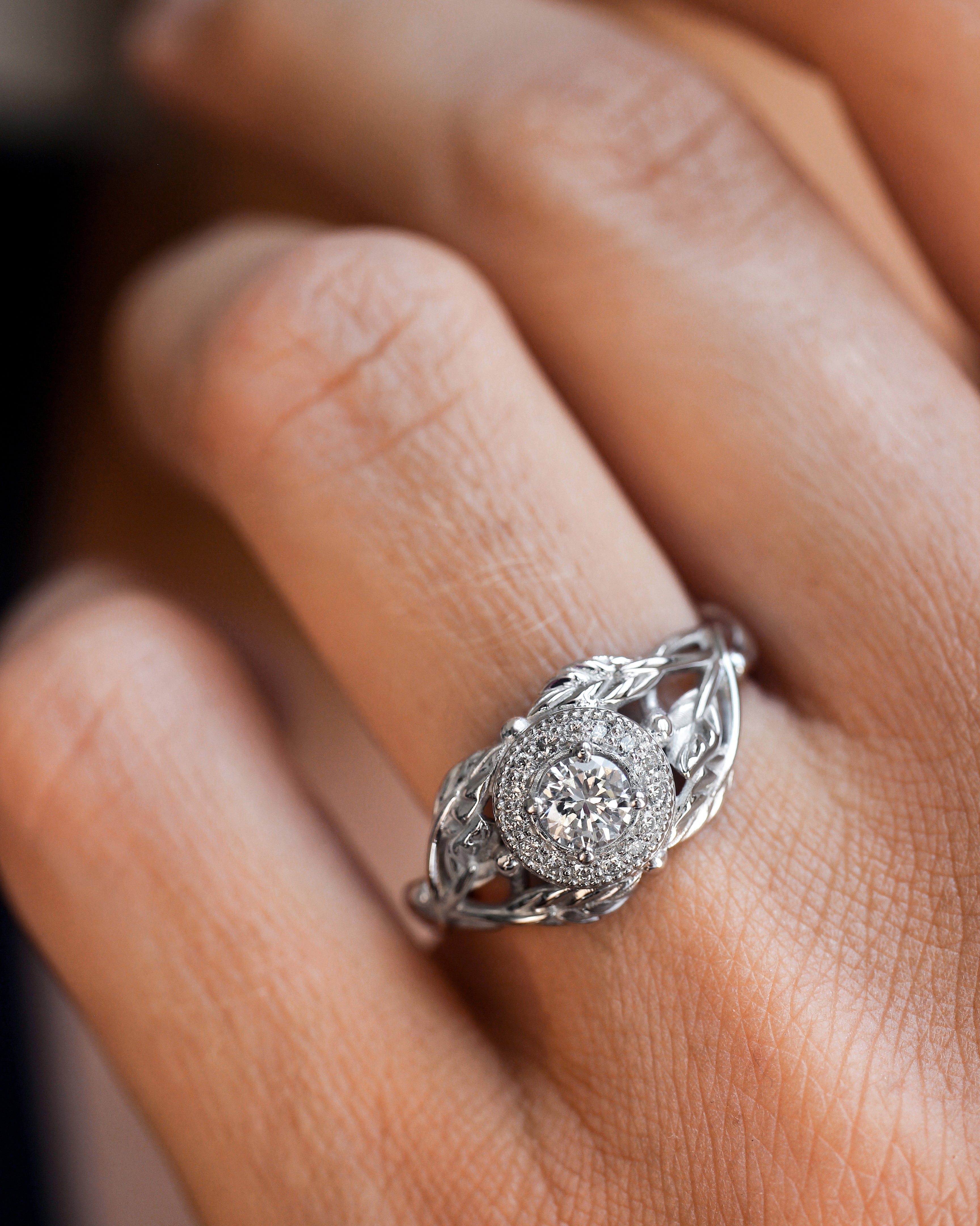Leaf engagement ring with natural diamonds / Tilia halo - Eden Garden Jewelry™