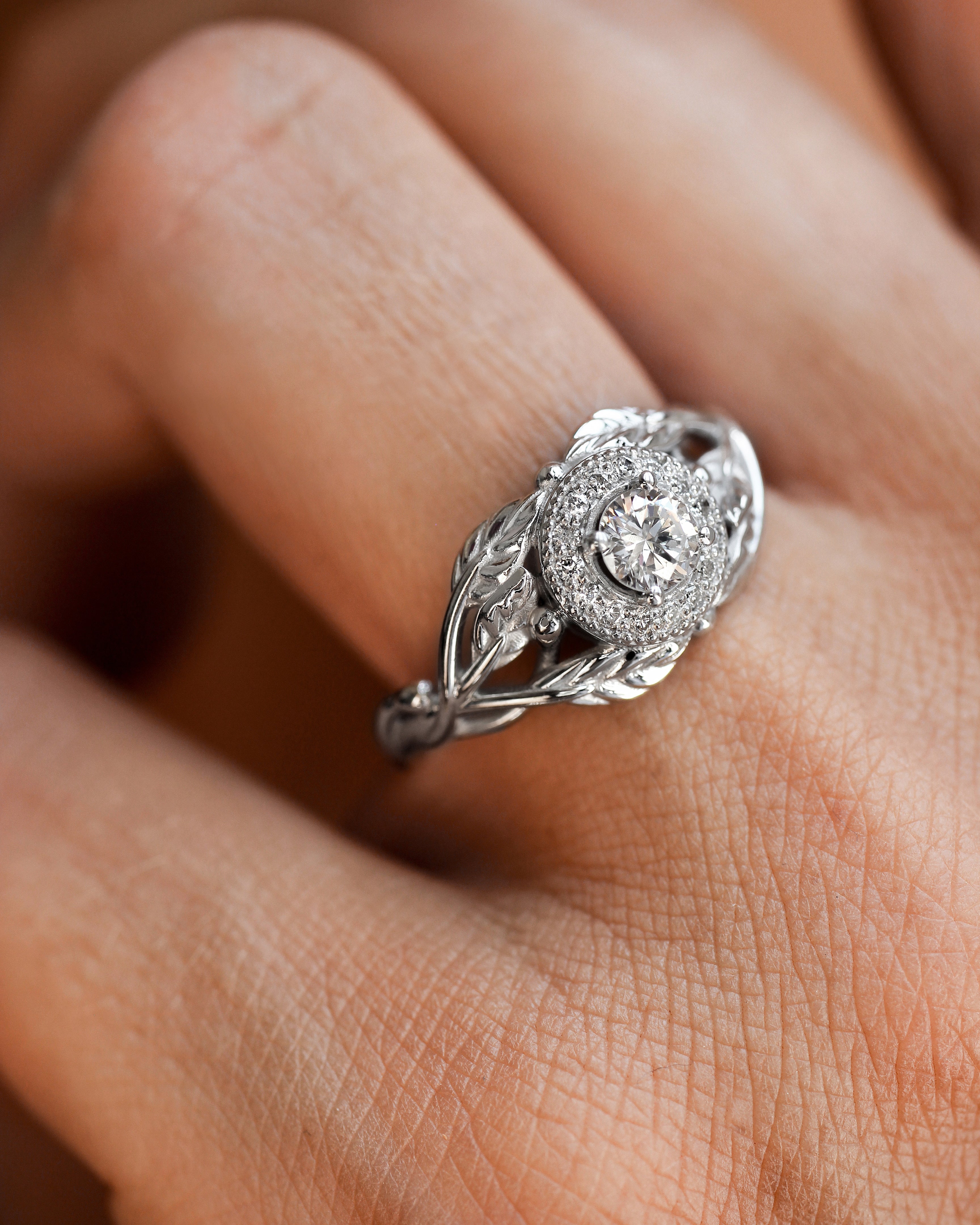 Leaf engagement ring with natural diamonds / Tilia halo - Eden Garden Jewelry™