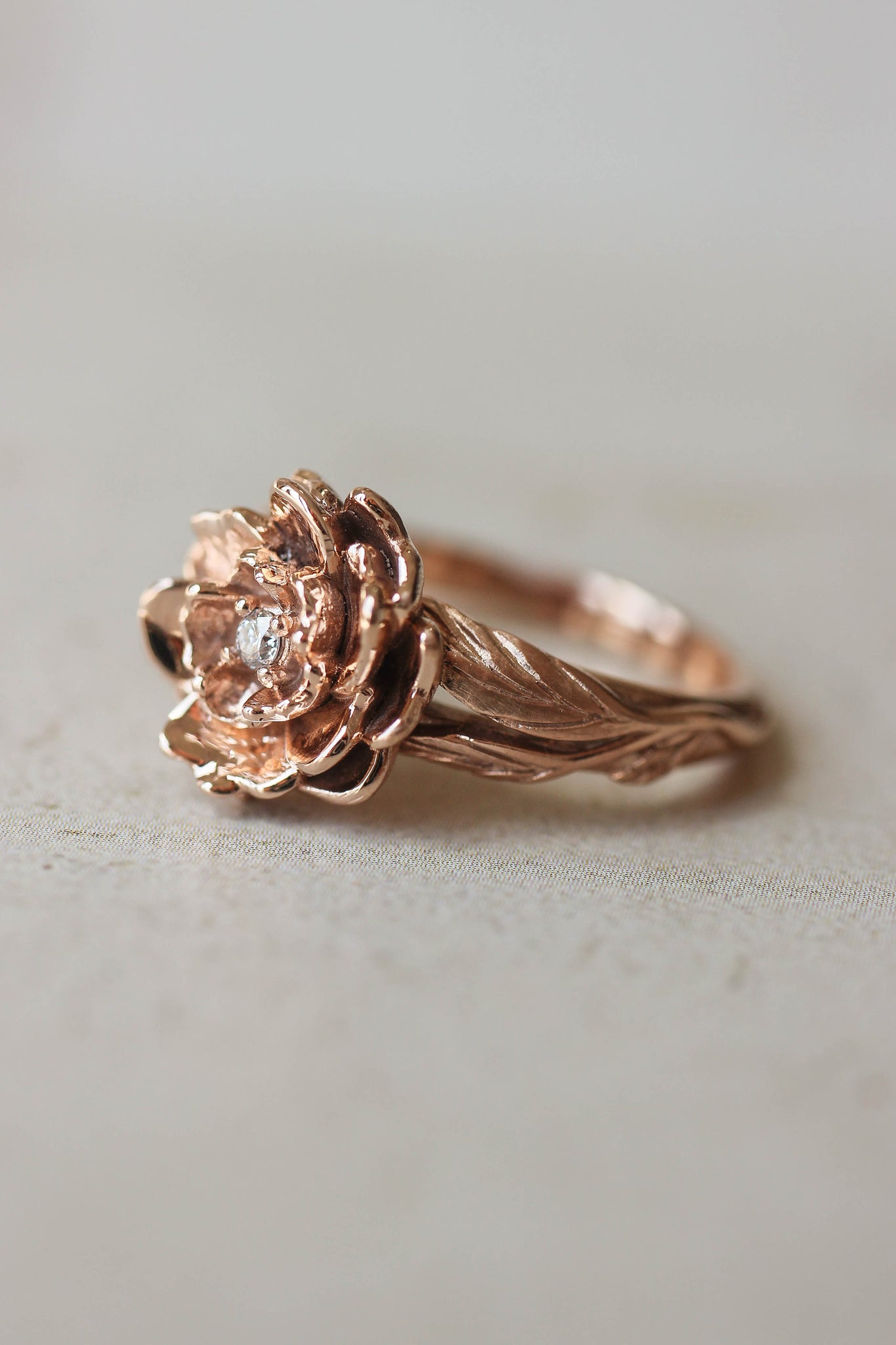 Peony flower engagement ring with diamond or moissanite - Eden Garden Jewelry™