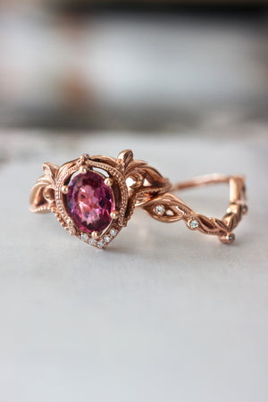 Art nouveau bridal ring set with rhodolite garnet / Lida oval - Eden Garden Jewelry™