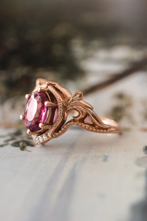 Art nouveau bridal ring set with rhodolite garnet / Lida oval - Eden Garden Jewelry™