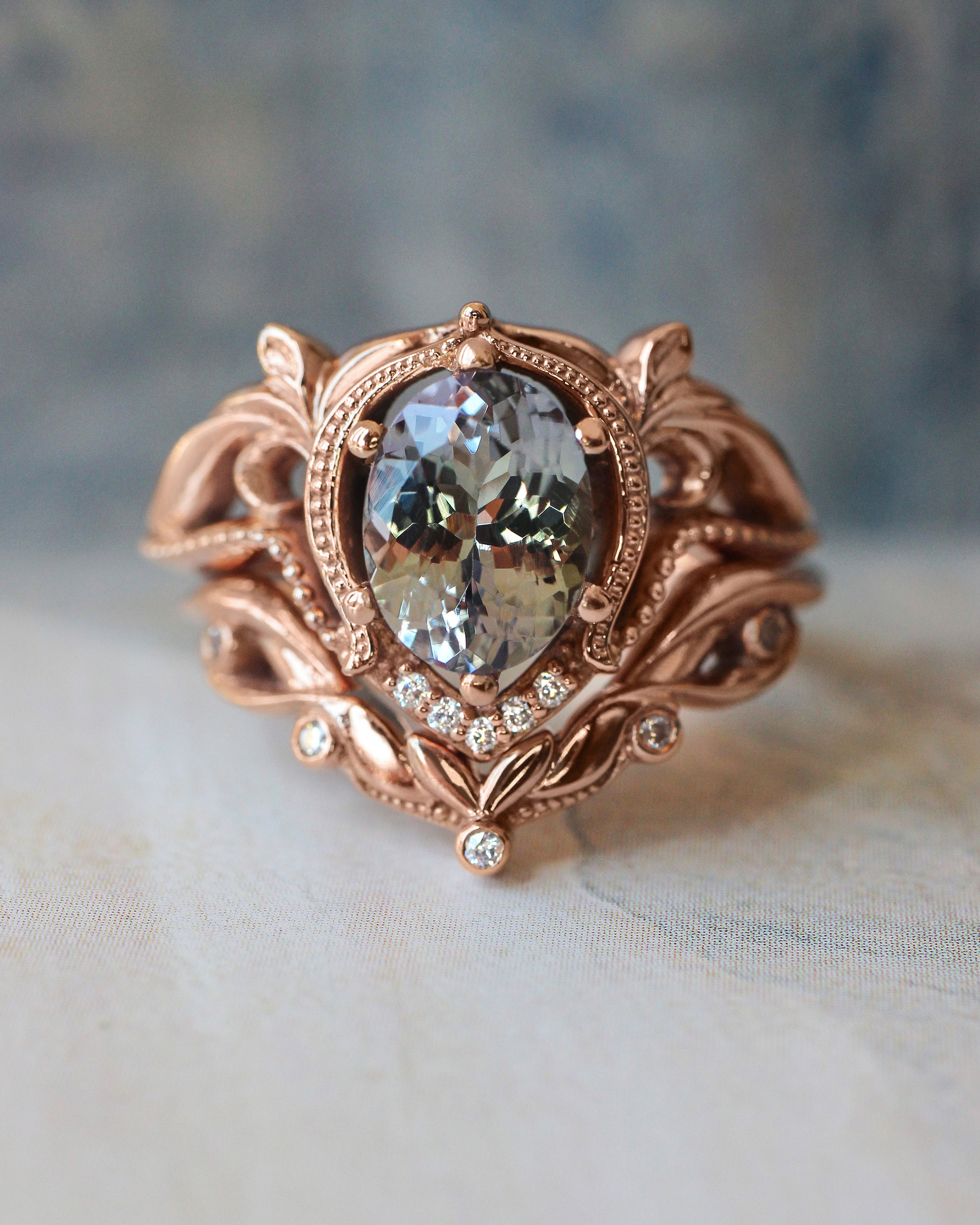 Art nouveau bridal ring set with tanzanite / Lida oval - Eden Garden Jewelry™
