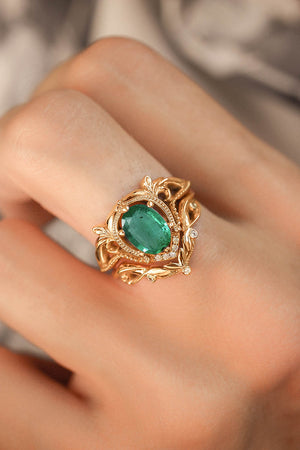 Art nouveau bridal ring set with natural emerald / Lida oval - Eden Garden Jewelry™