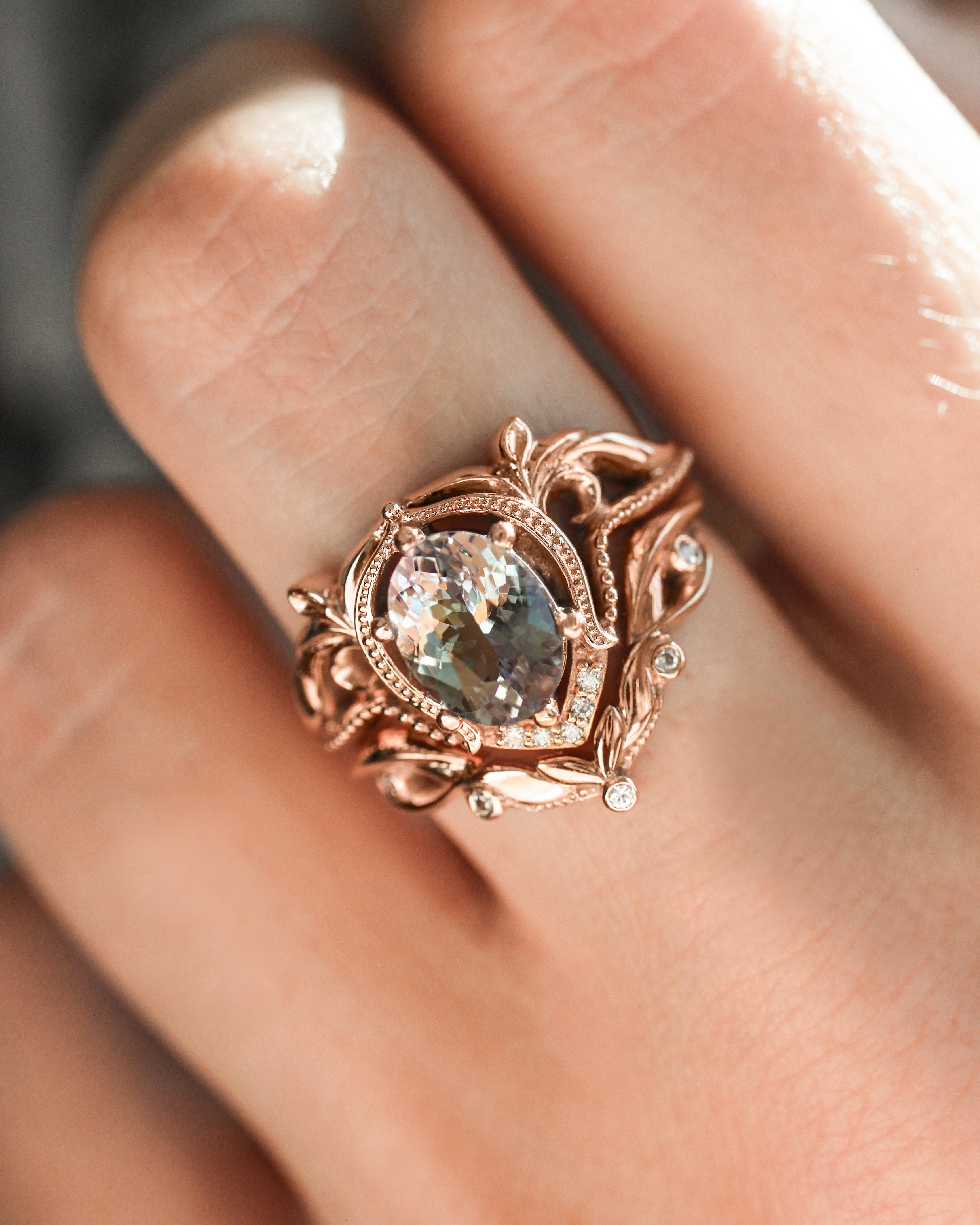 Art nouveau bridal ring set with tanzanite / Lida oval - Eden Garden Jewelry™
