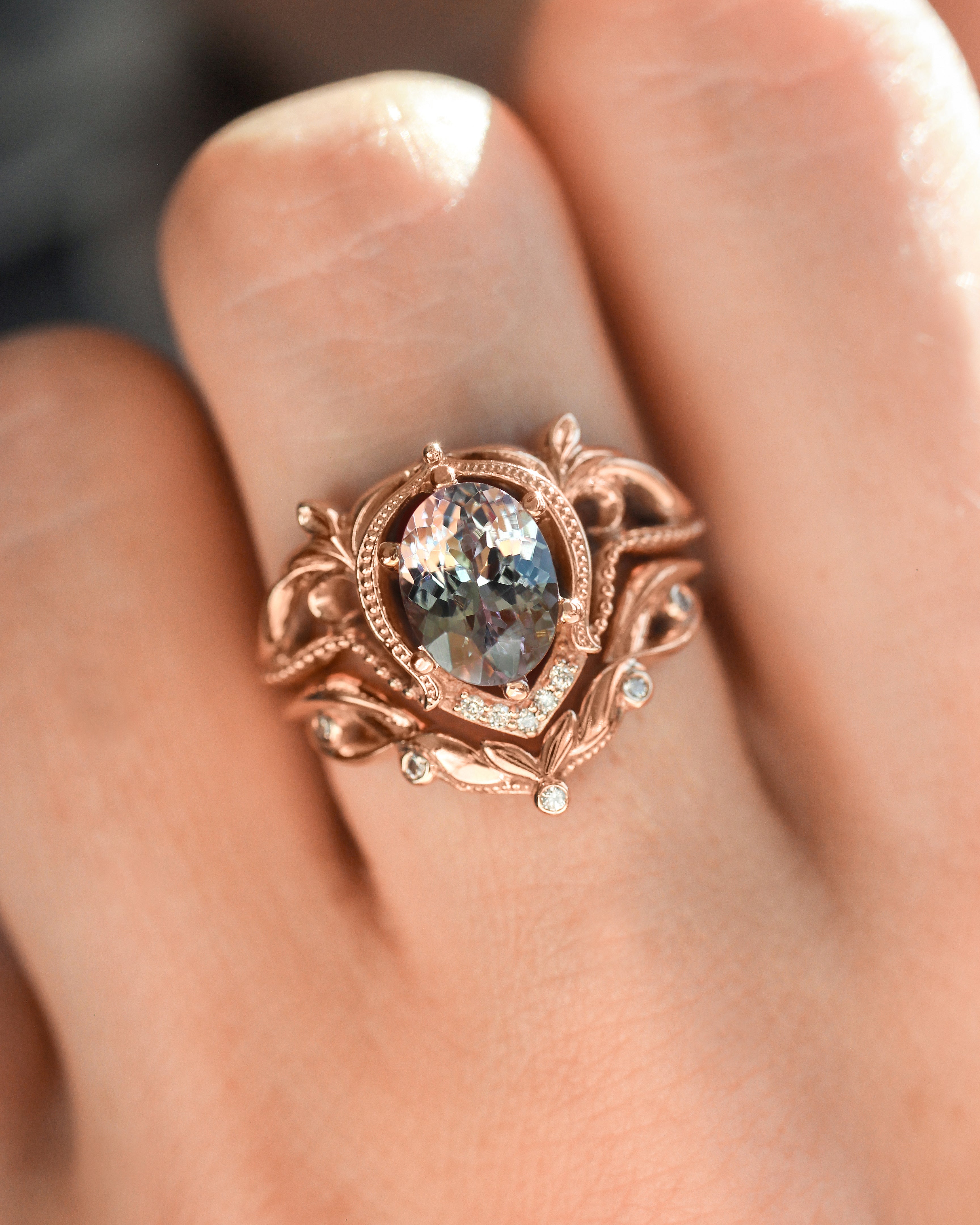 Art nouveau bridal ring set with tanzanite / Lida oval - Eden Garden Jewelry™