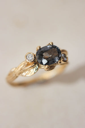 READY TO SHIP: Arius in 14K yellow gold, oval grey natural spinel 7x5 mm, moissanites, RING SIZE 7 US - Eden Garden Jewelry™