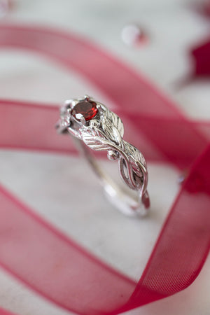 Garnet engagement ring, leaves band / Cornus, round faceted - Eden Garden Jewelry™