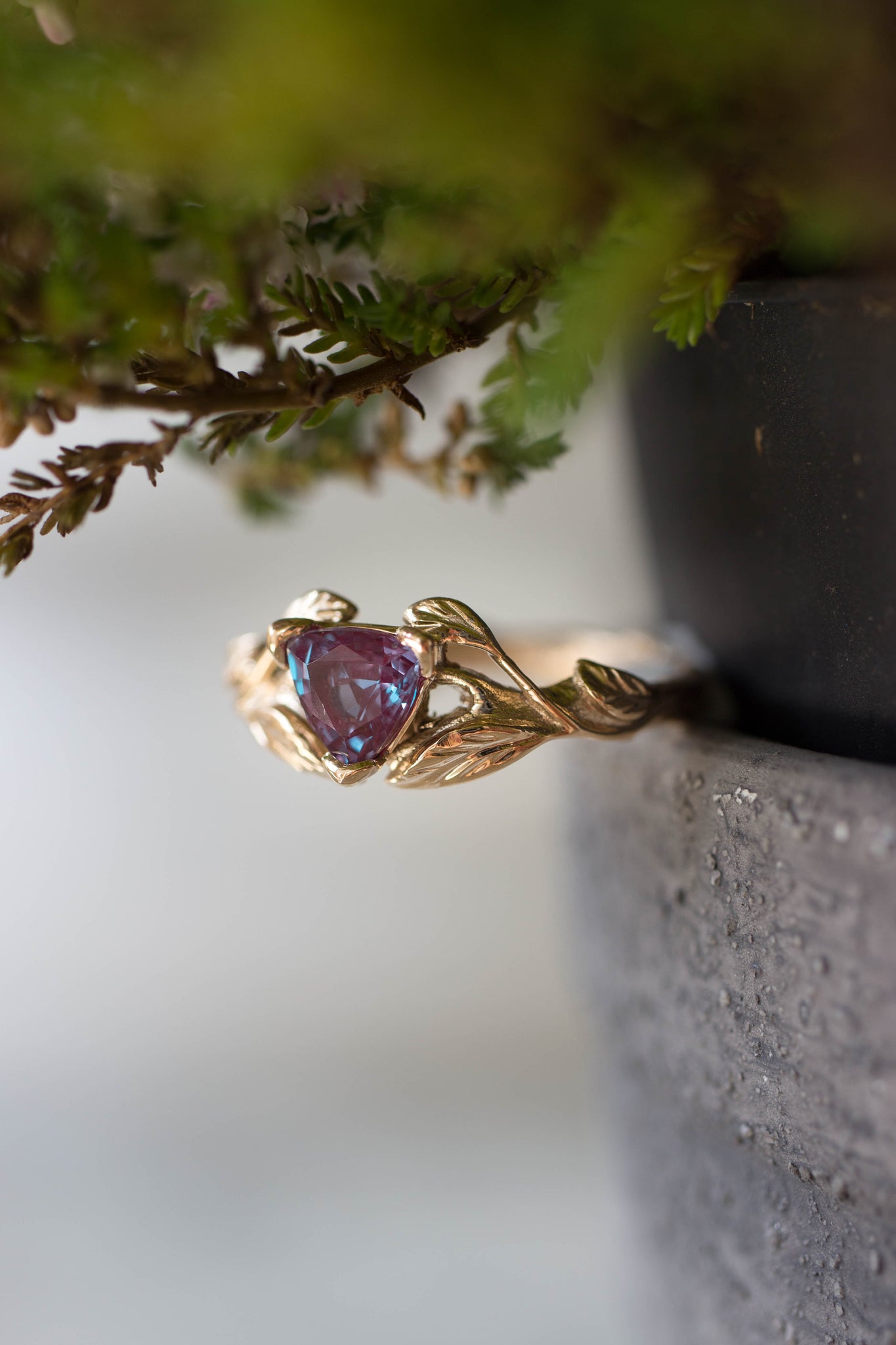 Nature inspired engagement ring with trillion cut alexandrite