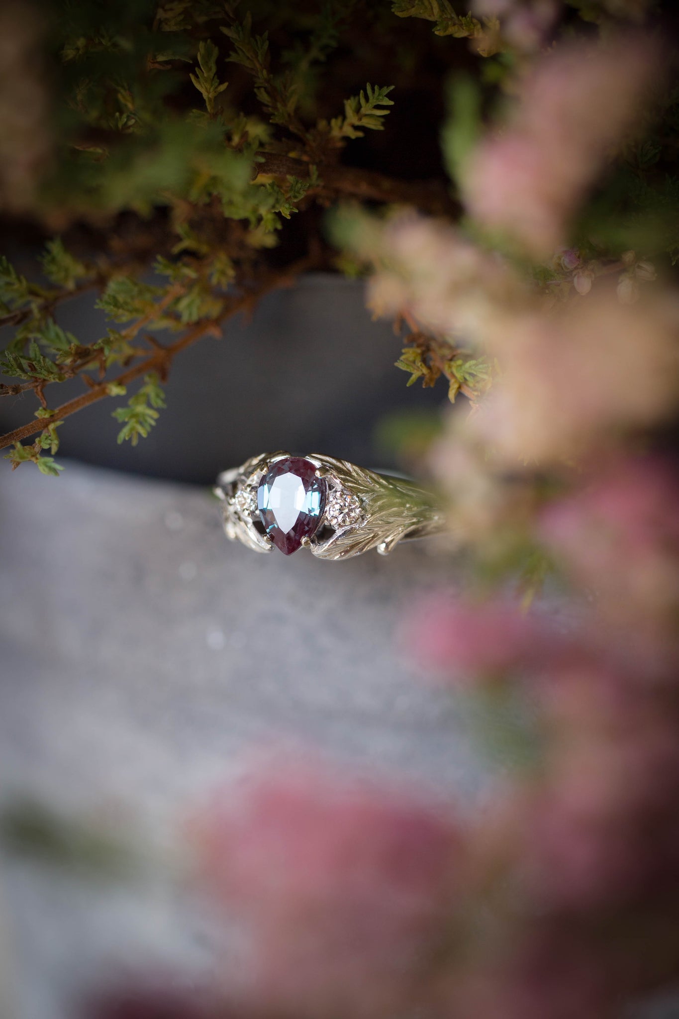 READY TO SHIP: Wisteria in 14K white gold, pear alexandrite 7x5 mm, diamonds, AVAILABLE RING SIZES - 6 US, 8 US - Eden Garden Jewelry™