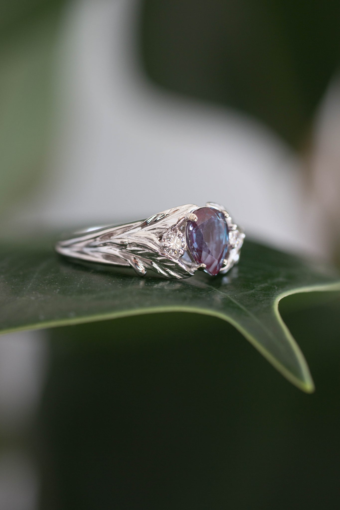 Pear alexandrite ring with diamonds, leaf engagement ring / Wisteria - Eden Garden Jewelry™