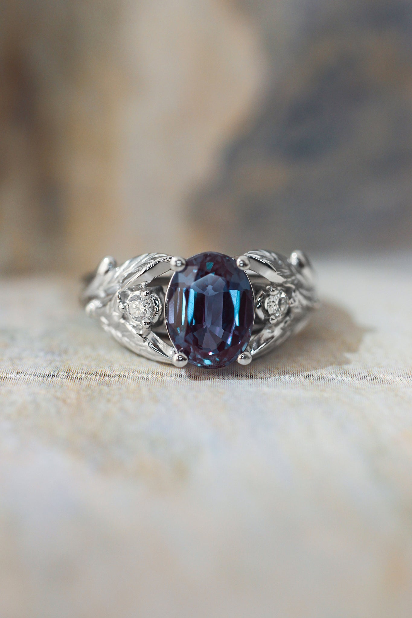 Oval alexandrite ring with diamonds, leaf engagement ring / Wisteria - Eden Garden Jewelry™
