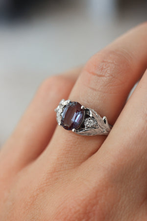 Oval alexandrite ring with diamonds, leaf engagement ring / Wisteria - Eden Garden Jewelry™