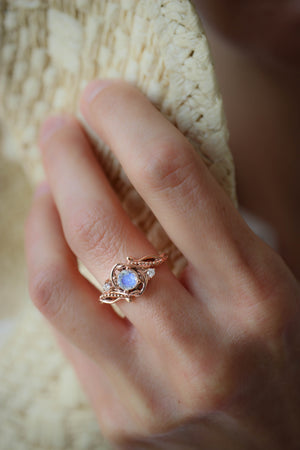 Moonstone Engagement Ring w/ Diamond & Fire and Ice Opal