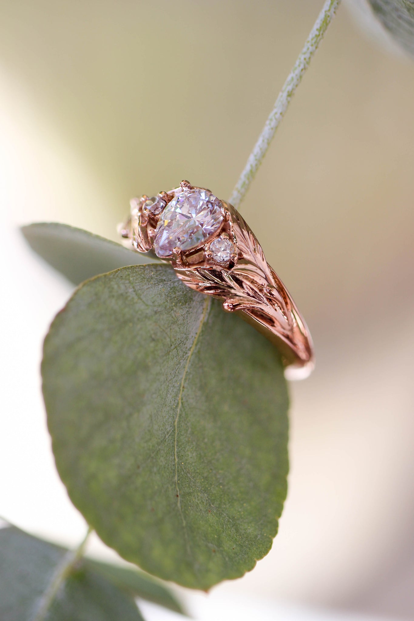 Pear cut moissanite engagement ring, leaf style band / Wisteria - Eden Garden Jewelry™