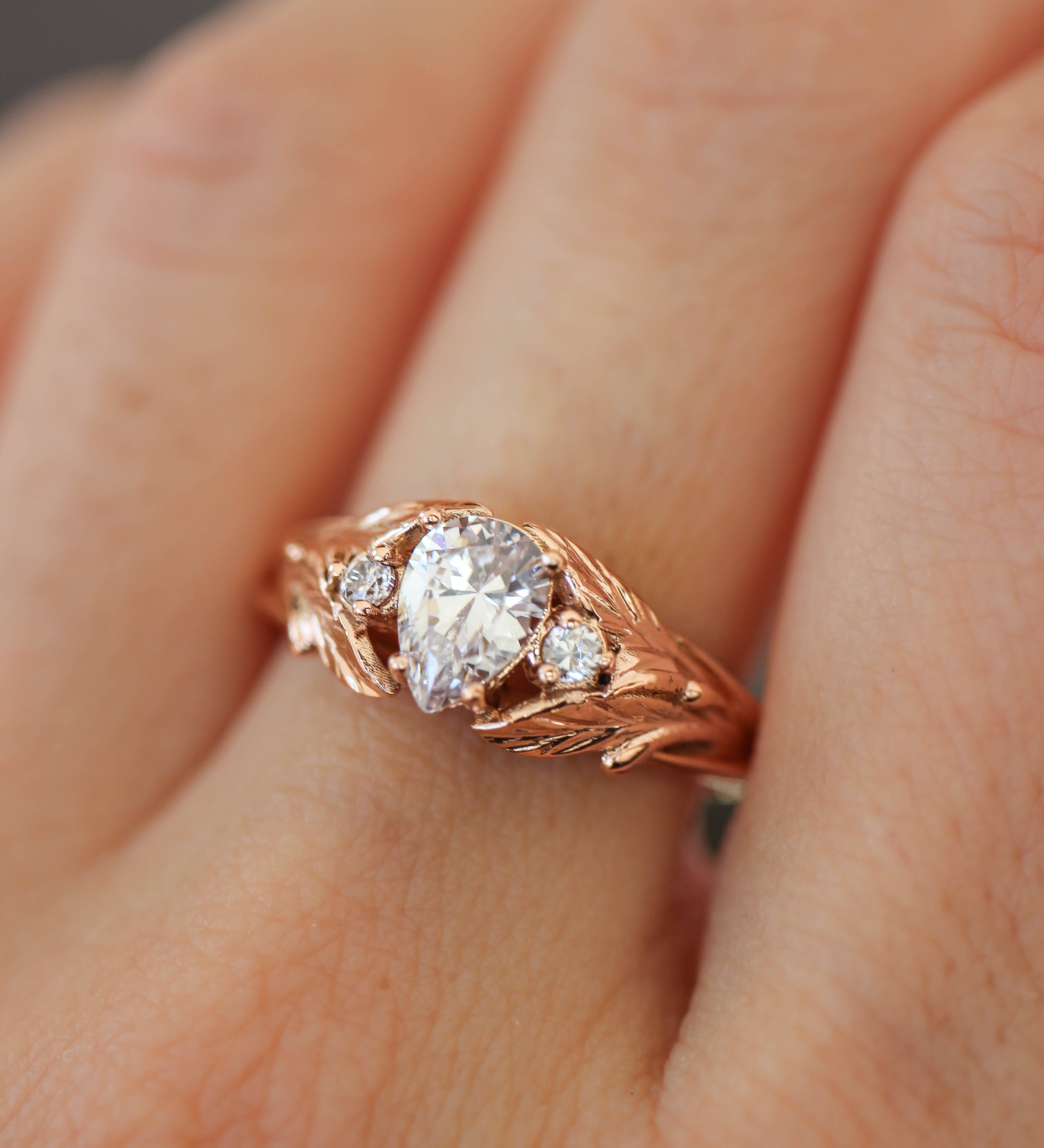 Pear cut moissanite engagement ring, leaf style band / Wisteria - Eden Garden Jewelry™