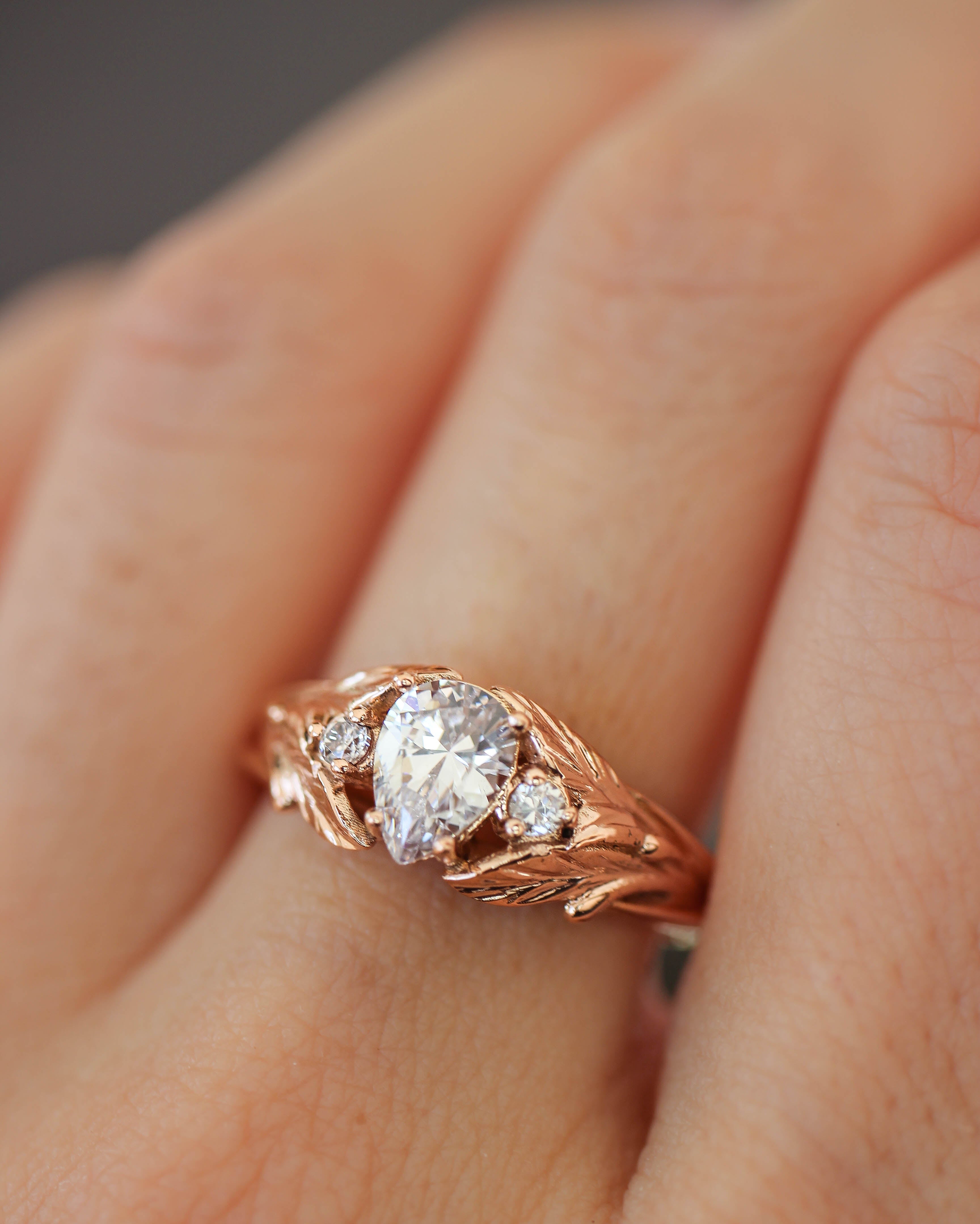 Pear cut moissanite engagement ring, leaf style band / Wisteria - Eden Garden Jewelry™