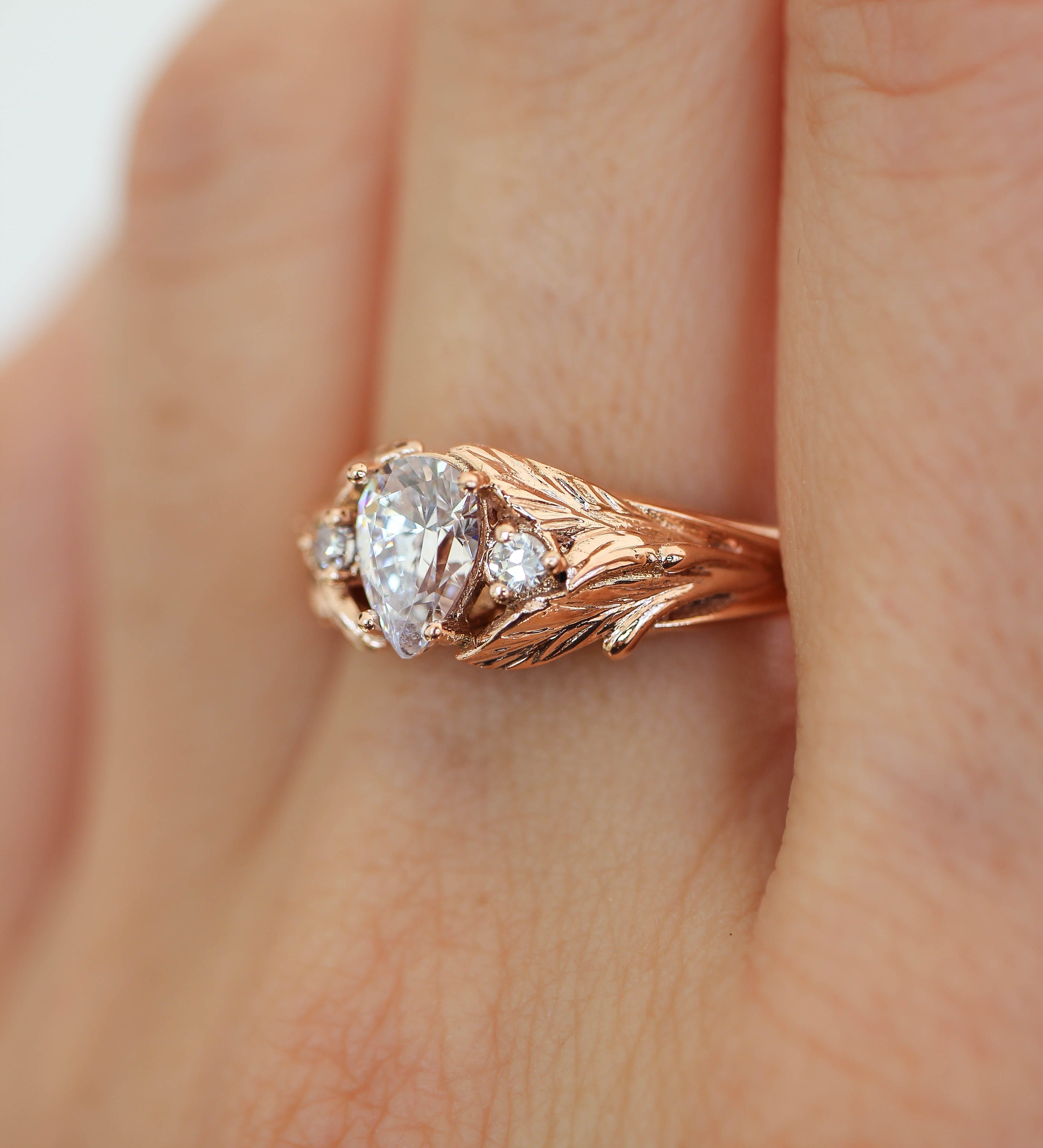 Pear cut lab grown diamond engagement ring, leaf style band / Wisteria - Eden Garden Jewelry™