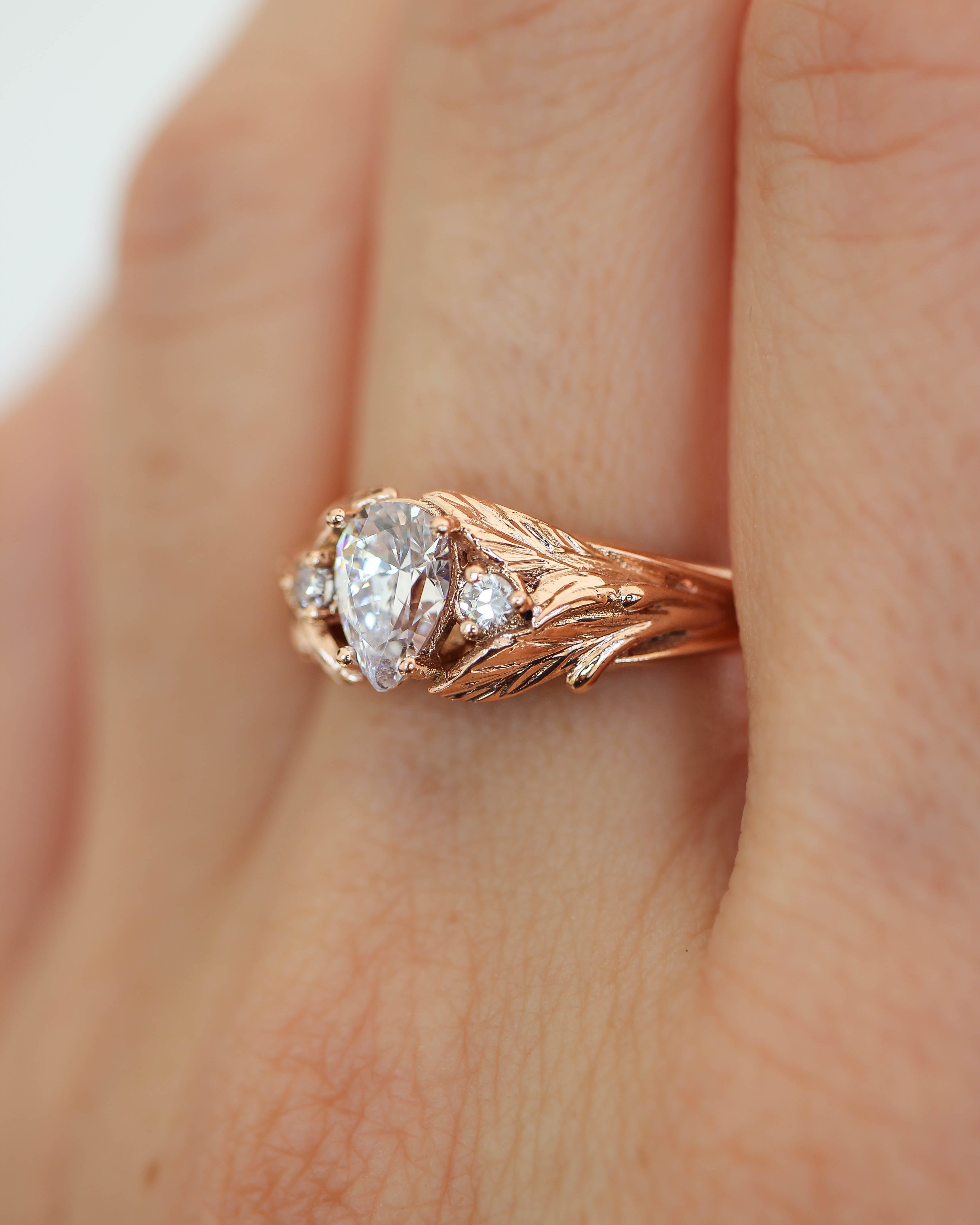 Pear cut lab grown diamond engagement ring, leaf style band / Wisteria - Eden Garden Jewelry™