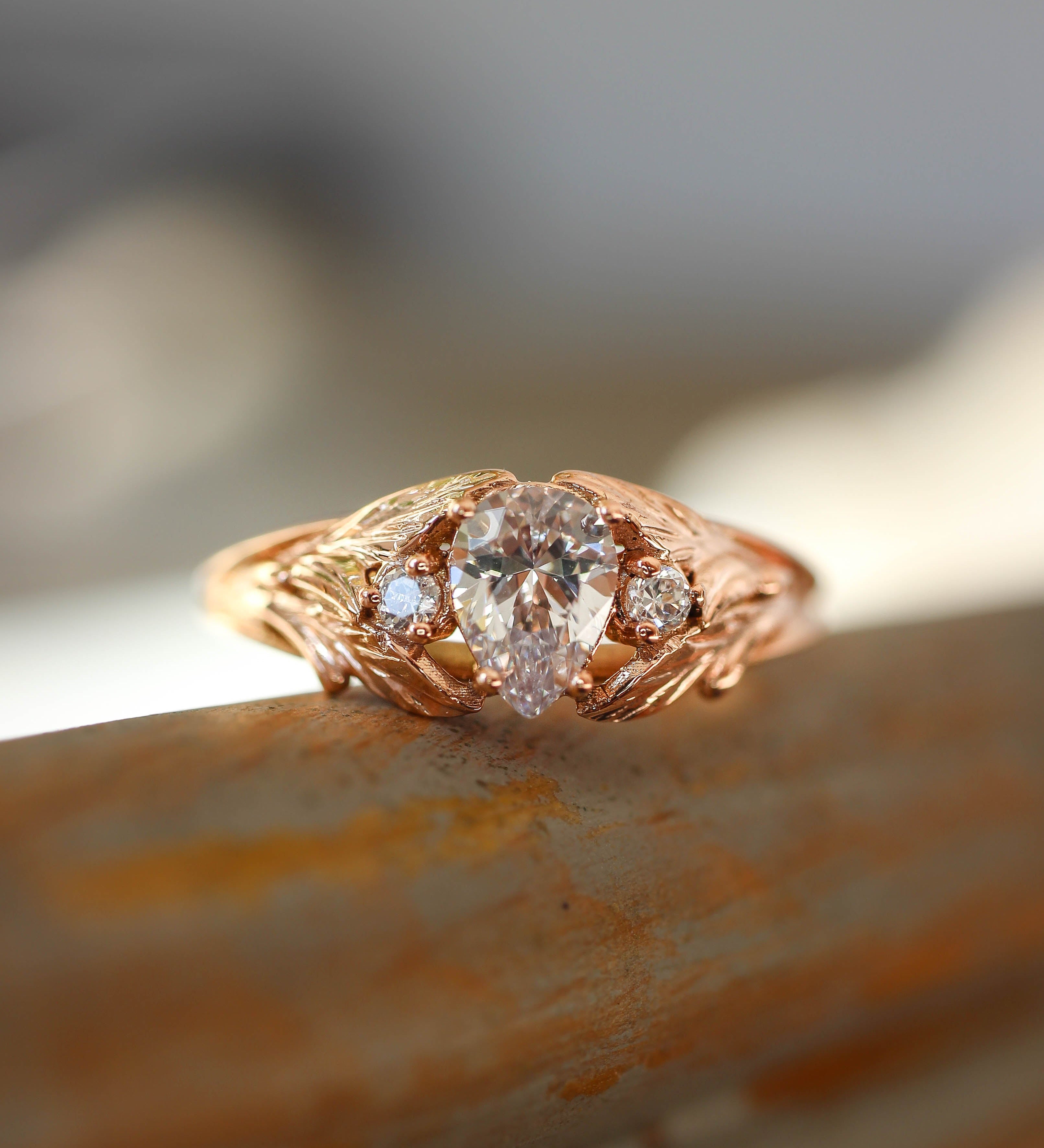 Pear cut moissanite engagement ring, leaf style band / Wisteria - Eden Garden Jewelry™