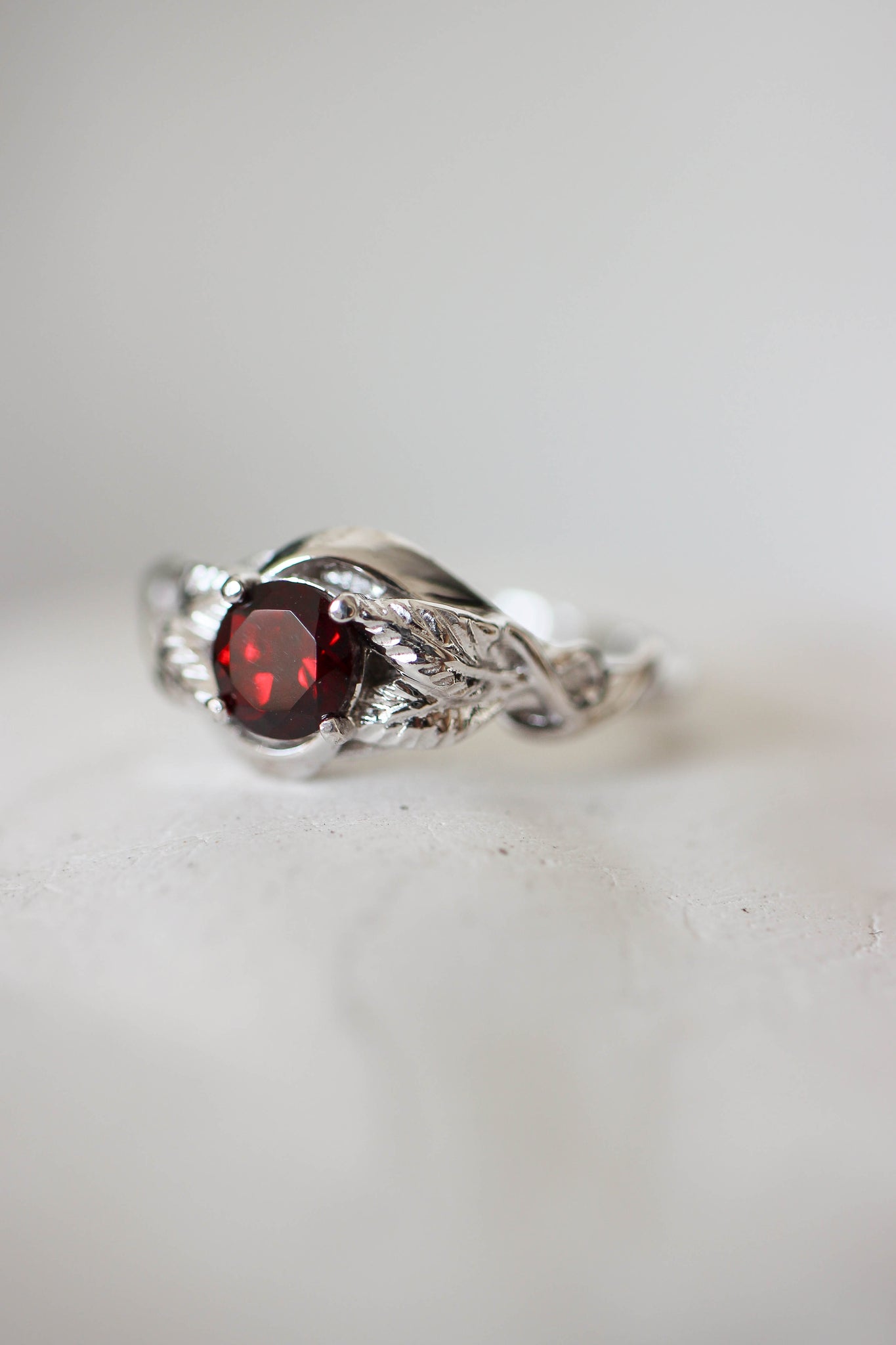 Nature inspired engagement ring, white gold ring with red garnet